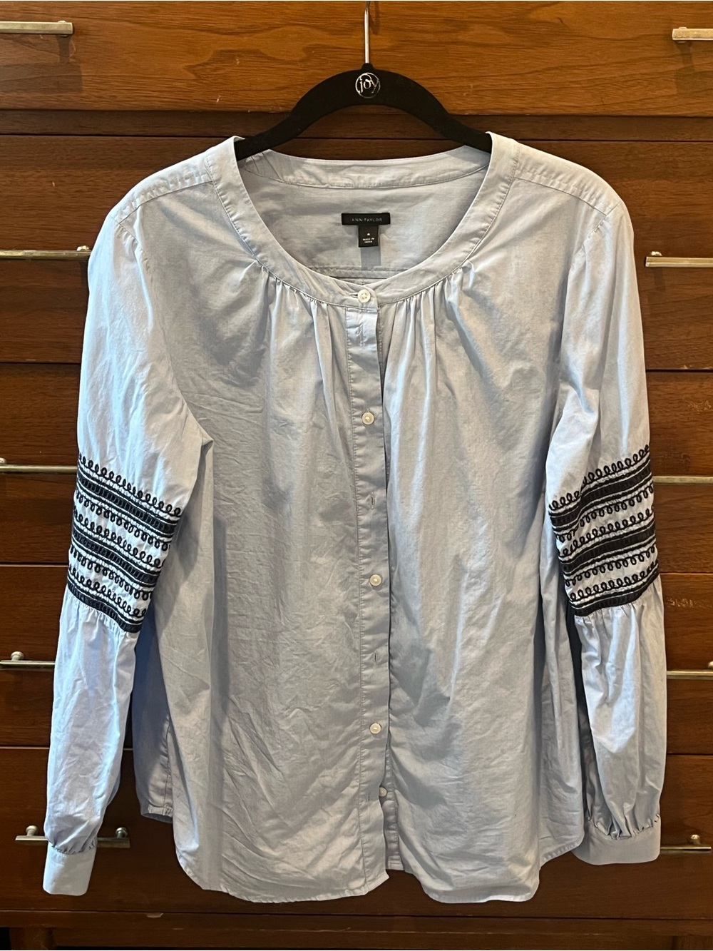 Ann Taylor Pale Blue Button-Down Blouse with Navy Sleeve Embroidery